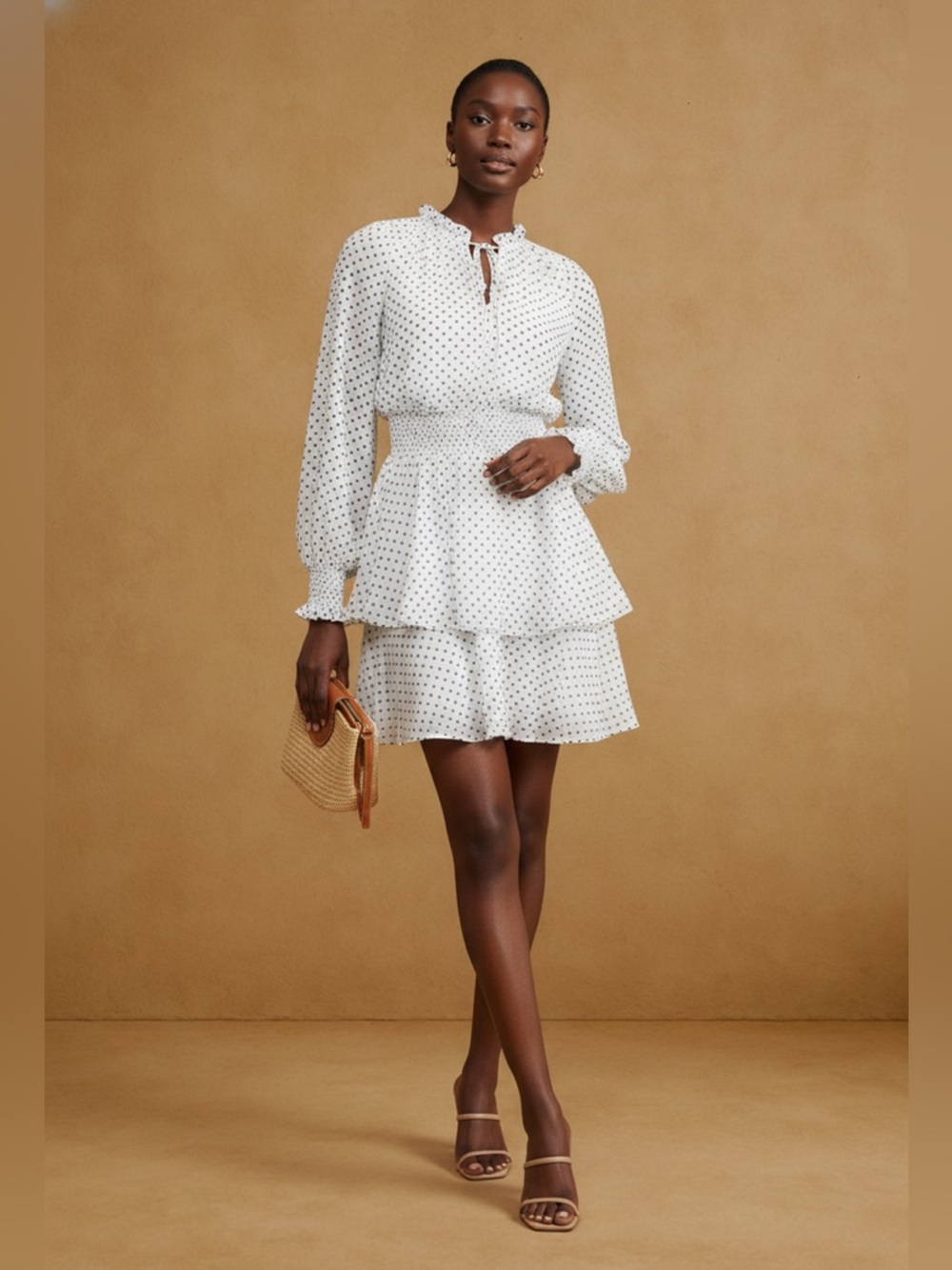 BLACK & WHITE PLOKA DOT SMOCK WAIST FIT & FLARE MINI DRESS